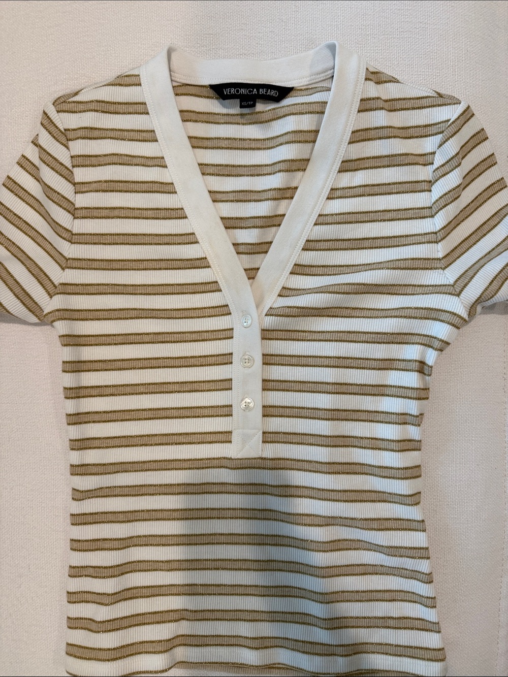 Veronica Beard Cream and Olive Stripe Ribbed Henley Tee